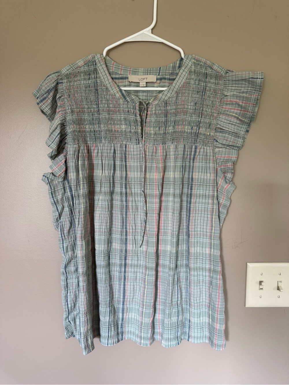 LOFT Green-Blue Plaid Smocked Flutter Sleeve Top